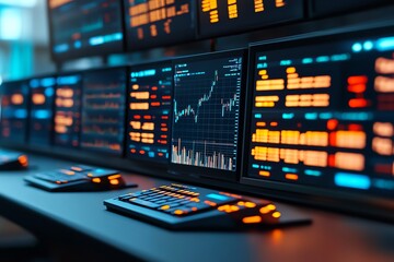 Dynamic financial trading screens displaying market data and stock charts.