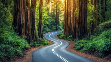 Fototapeta premium Winding road through a lush forest of tall trees