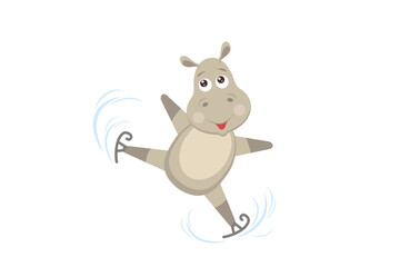 Vector image of a cute hippopotamus on figure skates. Isolated background, behemoth, postcard, design.