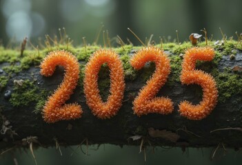 2025 formed by vibrant orange moss on a moss-covered tree branch