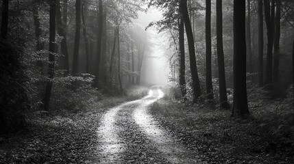 Obraz premium A black and white image of a forest path.