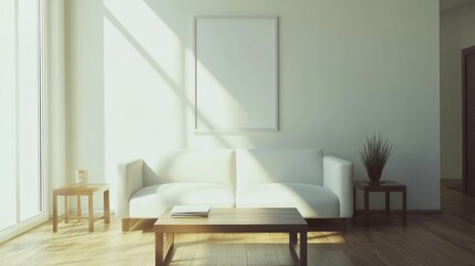 Fototapeta premium Modern living room featuring a sleek white sofa, wooden coffee table, and an empty white poster on the wall, bathed in soft natural light