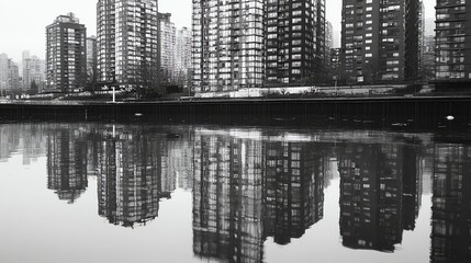 Obraz premium Black and white photo of apartment buildings reflected in the water.