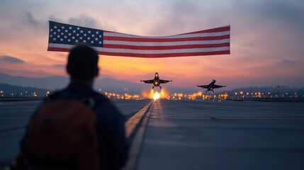 Military Jet with Large USA Flag at Airbase
