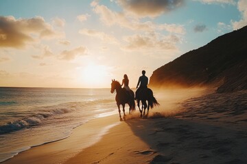 Two riders enjoy a tranquil beach ride during sunset