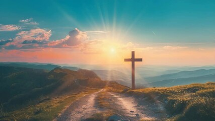 religion background with copy space, christian cross on the mountain road over sunset sky