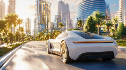 Futuristic vehicle gliding smoothly through vibrant cityscape, showcasing modern architecture and palm trees under bright sky
