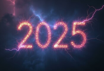 2025 formed by glowing lightning bolts against a stormy dark sky with vivid blue and purple tones