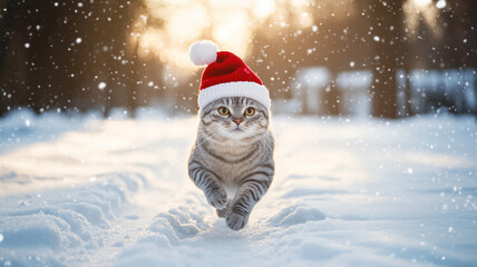 A silver-crested cat wearing a red knit Christmas hat and a white scarf runs through a snowy park blanketed in thick snow.