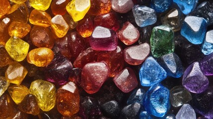 Vibrant, colorful glass stones close-up. Perfect for backgrounds, jewelry, or gemstone themes.