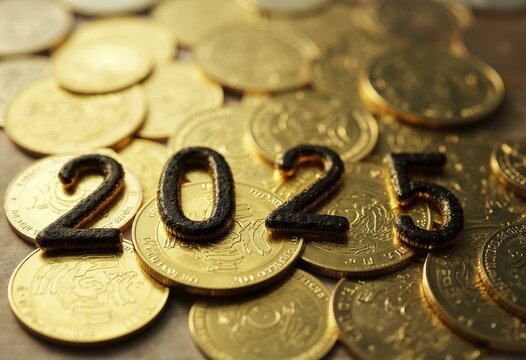 2025 formed from golden coins stacked on a surface with black felt letters