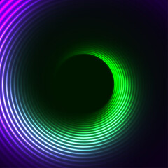 Ultraviolet and green neon curved spiral wavy lines abstract technology background. Futuristic glowing vector design