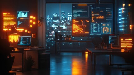 A tech startup office with glowing network security monitoring dashboards, soft cinematic depth of field