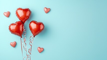 Three red heart-shaped balloons float against a light blue background, surrounded by smaller heart decorations, creating a festive and romantic atmosphere.