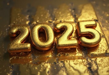 2025 in gold 3D letters on a wet reflective surface with droplets