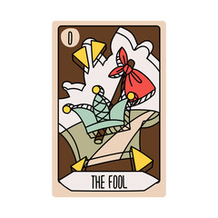 Tarot card is the Senior Arcane Fool. Vector hand-drawn deck. Vintage style with engraving. Occult, alchemical symbolism. Isolated illustration of a bright oracle. mysticism, magic, psychology, future