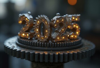 2025 formed by metallic cog wheels glowing in a workshop