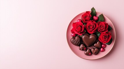 A romantic arrangement of red roses and heart-shaped chocolates on a pink plate, perfect for special occasions like Valentine's Day.
