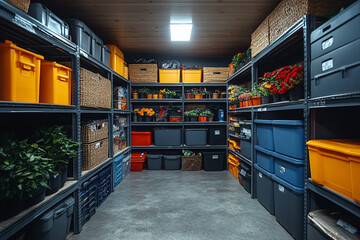 Organized Basement Storage Room Filled With Plants And Supplies