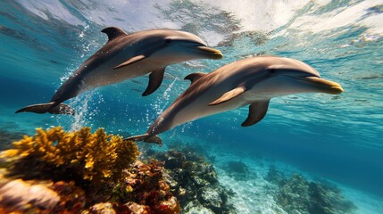 Obraz premium Dolphins Jumping Through Vibrant Ocean Waves