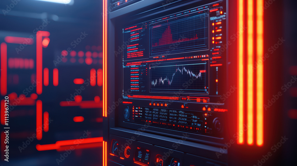 Poster high tech data analysis station with glowing red accents and screens displaying graphs and metrics. 