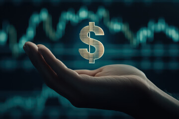 Hand holding golden dollar symbol against financial graph background, symbolizing wealth and investment opportunities