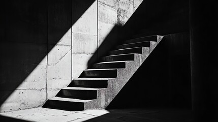 A black and white photo of a concrete staircase in a dark, shadowed room.