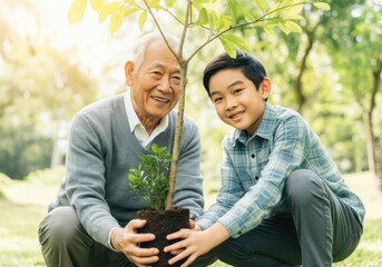 Grandfather and grandson holding a small tree in a park, promoting environmental conservation and family bonding