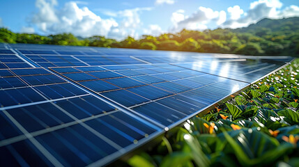 Modern Solar Panels in Lush Green Field under Clear Blue Sky