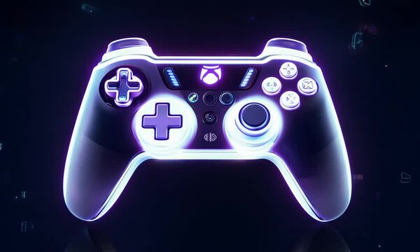  A glowing neon game controller in vibrant purple hues, symbolizing cutting-edge gaming technology and creativity.