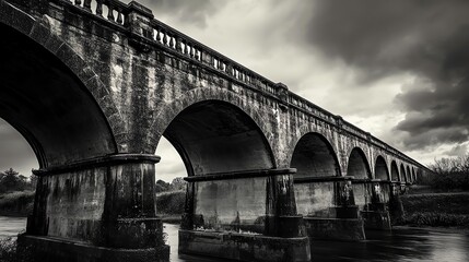 Fototapeta premium A black and white image of a stone bridge over a river.
