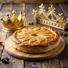 A traditional Galette des Rois placed on a rustic wooden table, showcasing