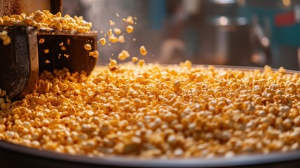 Golden popcorn pouring from a machine. Perfect for food, snack, or movie themes.
