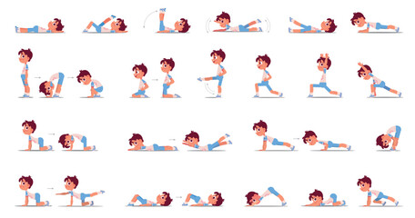 The little boy is exercising. Big set of back exercises. Physical exercises for good posture. Cartoon characters. Funny vector illustration. Isolated on white background