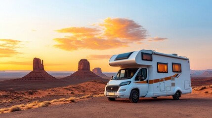 Scenic RV Parked in Desert Landscape at Sunset