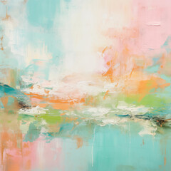 Abstract painting blends soft pastel tones of turquoise, peach, and cream, evoking a serene, dreamy atmosphere.