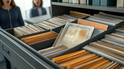 Memory loss. A woman stands near a filing cabinet filled with organized documents, highlighting a blend of nostalgia and information retrieval.