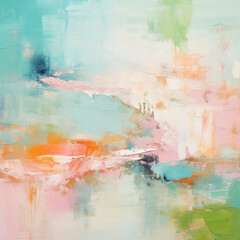 Abstract painting blends soft pastel tones of turquoise, peach, and cream, evoking a serene, dreamy atmosphere.