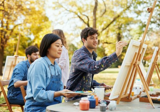 Group of art students painting on canvas and enjoying a sunny autumn day together in a park