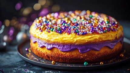 Mardi Gras king cake with beads
