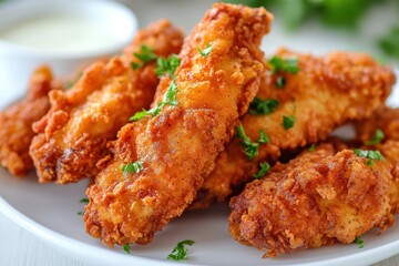 Crispy fried chicken tenders, golden brown and seasoned. Perfect for menus, blogs, or food websites needing appetizing images.