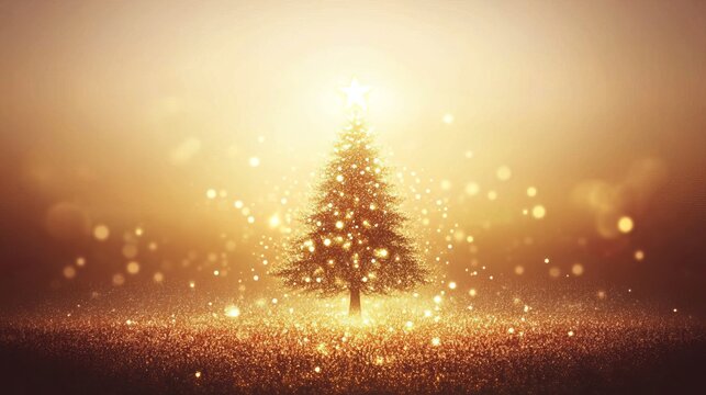 A Christmas tree is bedecked in twinkling lights, its silhouette emerging from a soft, bokeh-filled background. The festive display creates a warm and inviting atmosphere