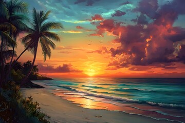 Tropical sunset over a serene beach with palm trees.