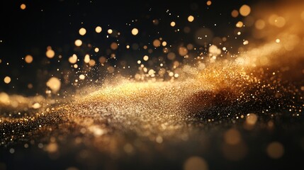 Abstract gold glitter wave with bokeh lights.