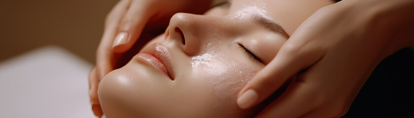 Fototapeta premium Relaxing facial treatment with gentle hands applying skincare to serene face. soothing atmosphere enhances client experience and promotes relaxation