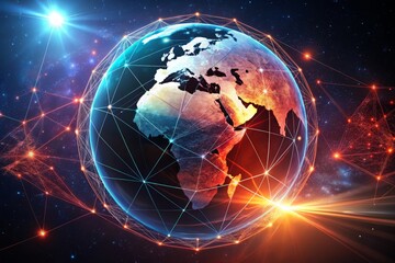 Fototapeta premium Abstract Digital Earth: Conceptual Photography of the Western Hemisphere, Featuring a Futuristic Polygonal Globe and Sci-Fi Red Planet on a Dark Background