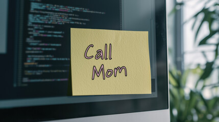Memory loss. A sticky note on a computer monitor reads "Call Mom," reminding the user to reach out to their mother amidst coding distractions.