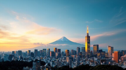 Tokyo Cityscape with Mount Fuji in Background at Sunset