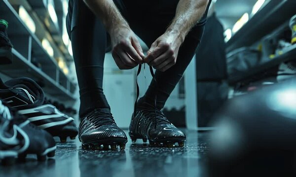 A person ties their shoelaces in a dimly lit locker room, preparing for a sports activity.