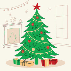 Christma Tree Concept In Winter With Many Gift Boxes